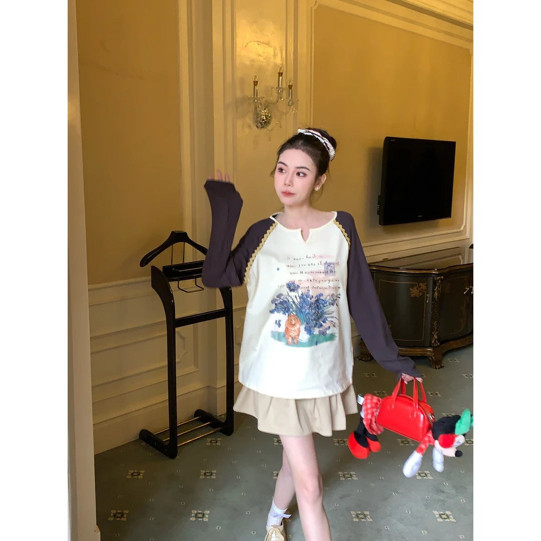 【半糖少女】25713 撞色插肩v领长袖t恤美式复古慵懒风宽松上衣