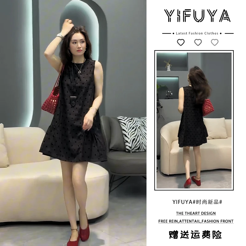 夏季新款大码时尚波点无袖宽松气质中长连衣裙法式赫本风显瘦遮肉