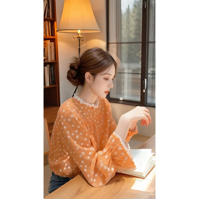碎花橘色衬衫上衣女款长袖小衫2025春季新款春装衬衣高级感女