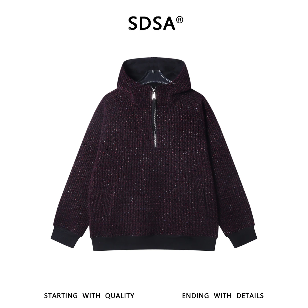 SDSA男士秋冬新款痞帅男装潮牌竖纹彩色刺绣半拉链连帽卫衣百搭