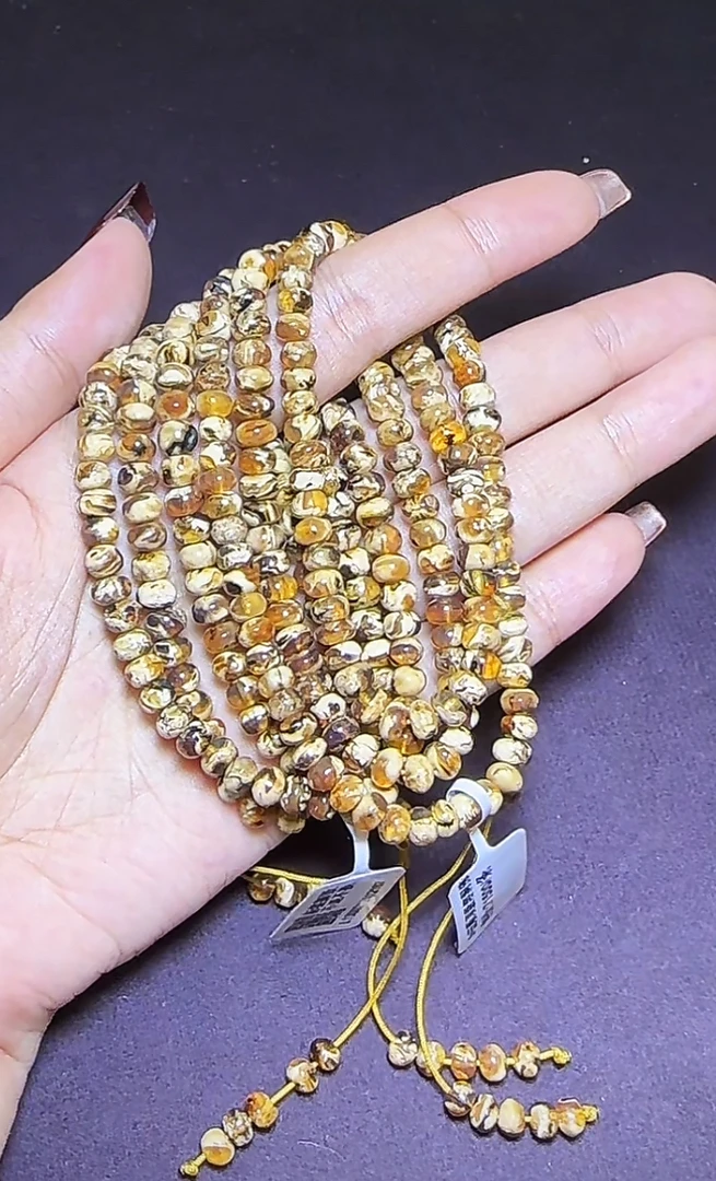 【齐福珠宝】5mm抚顺琥珀金丝漆白蜜蜡佛珠（多样性发其一）