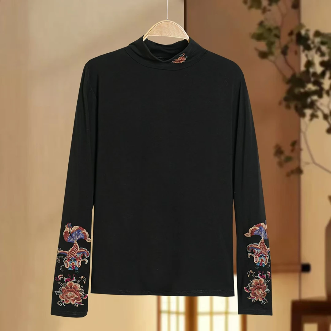 【福鱼连年】新中式秋冬气质百搭绣花中高领薄绒宽松美衣长袖小衫