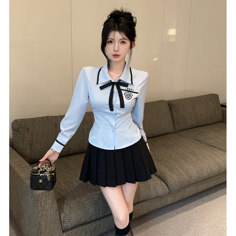 学院风韩版jk衬衫制服套装女气质减龄修身长袖衬衣包臀短裙两件套