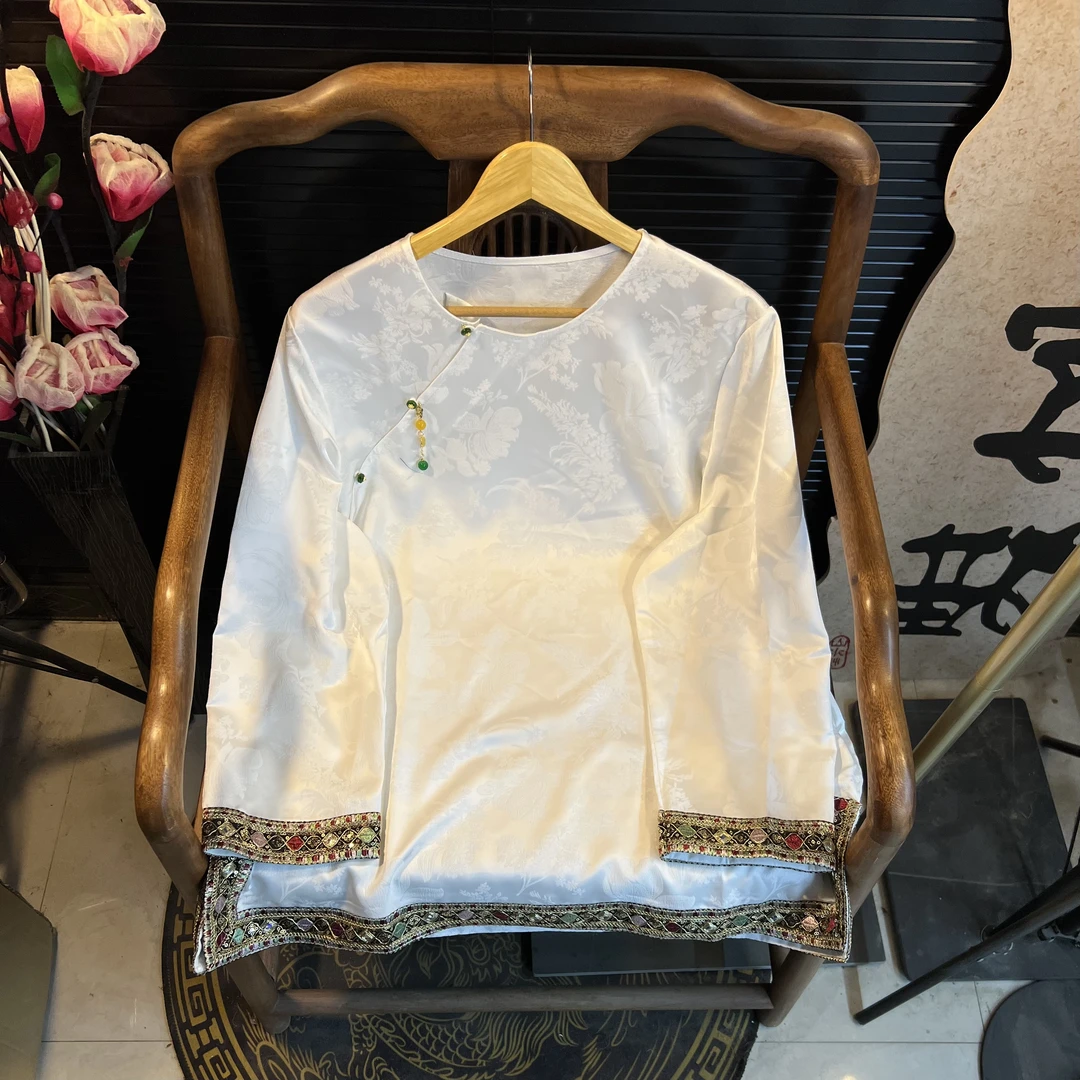 猫家YZM新中式国风圆领提花刺绣斜襟打底上衣6006