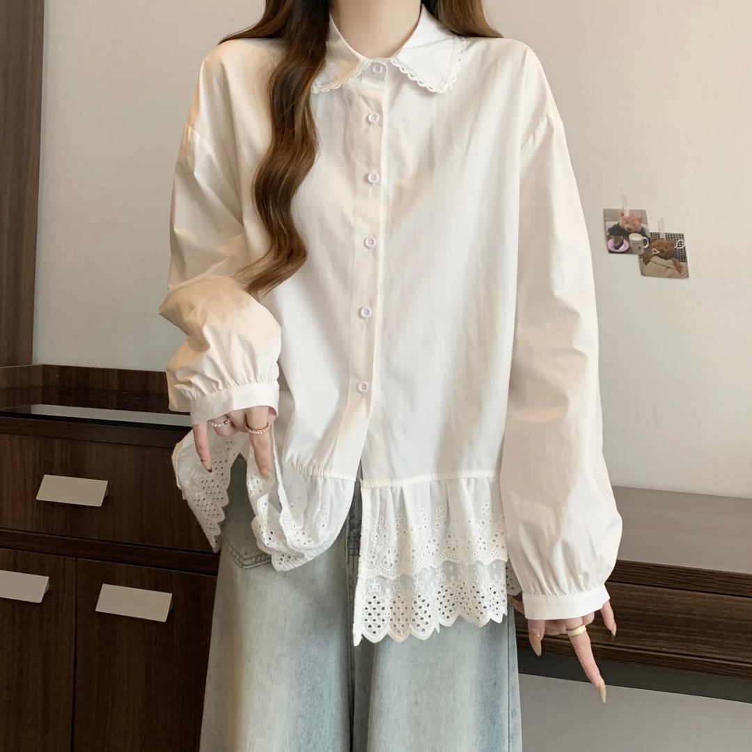 减龄娃娃领白色衬衫正肩外套女2025春季新款大码胖mm蕾丝下摆上衣