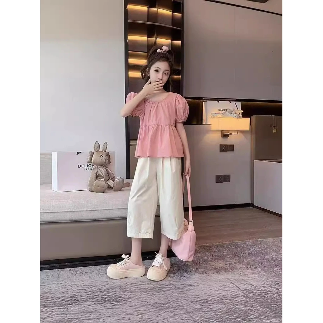女童休闲夏季女套头纯色套装时尚上衣阔腿衬衫高腰夏装套装设计感