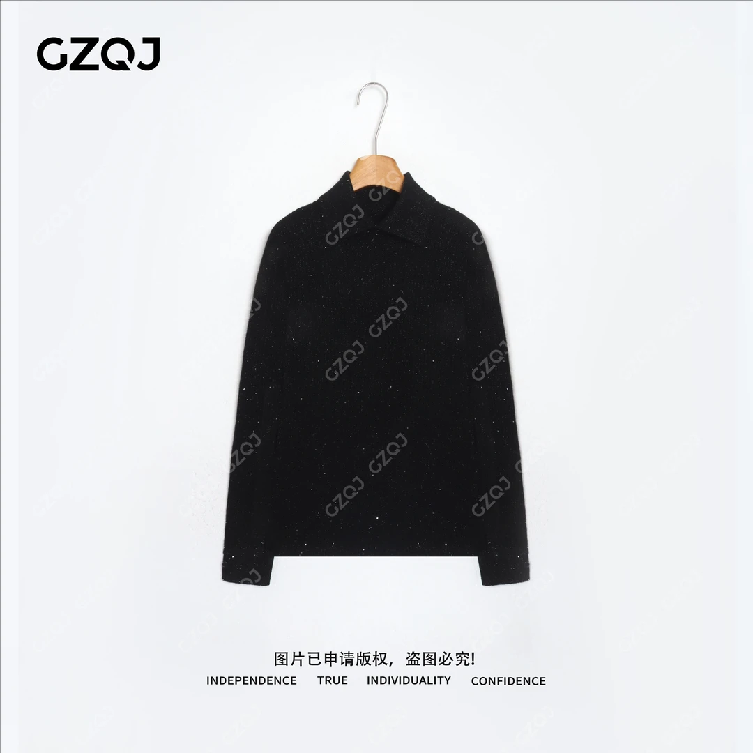 老琴私服 【隐奢序曲】绵羊毛山羊绒翻领细闪亮片针织衫女冬 76589