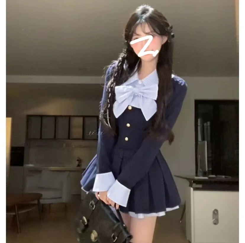 【春上新】学院风JK拼接连衣裙设计感长袖春款辣妹显瘦甜美短裙