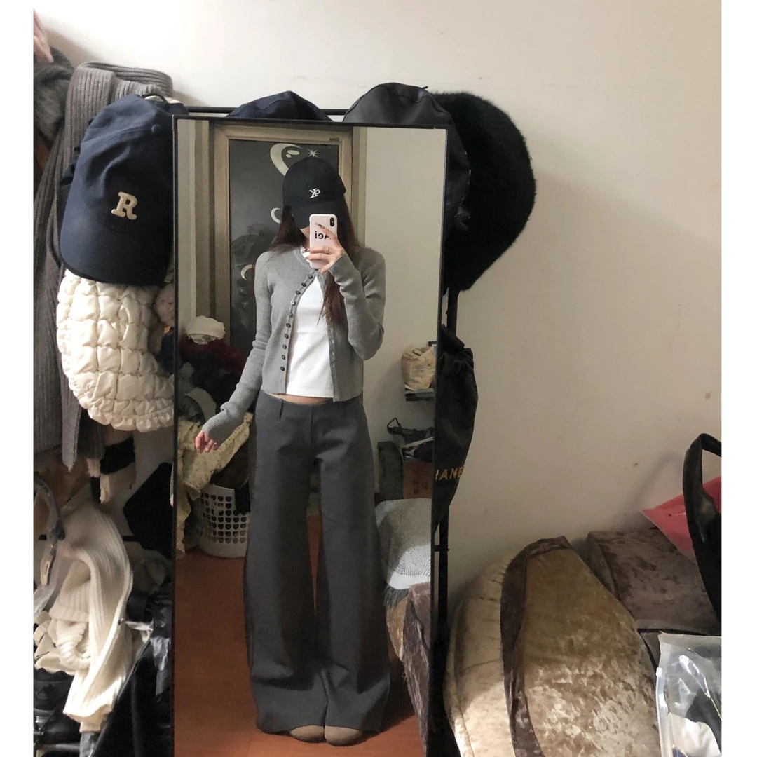 INS CEC针织开衫女灰色短款圆领外搭韩系春秋新款休闲裤两件套装