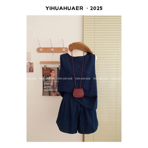 东大门韩国原单韩版夏款时尚复古韩范洋气休闲真两件牛仔套装3038