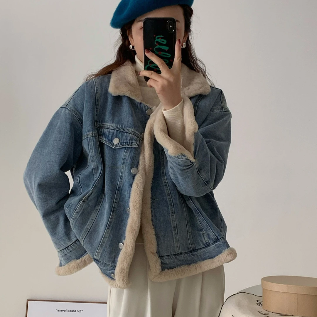 OYE2025秋加绒复古牛仔外套休闲拼接百搭显瘦保暖时尚加厚短外套