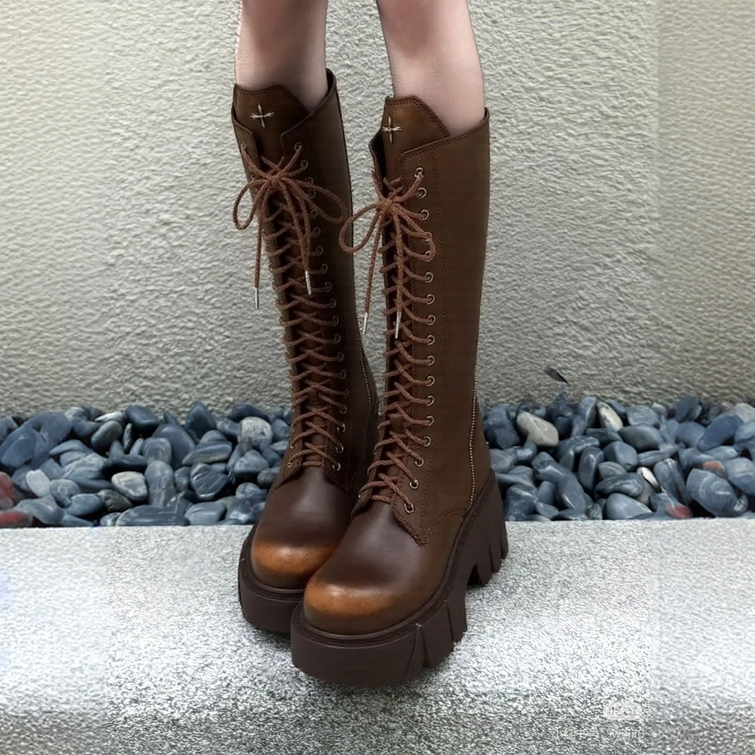 牛皮版~十字花复古擦色英伦风马丁靴女幻影德比鞋厚底增高短靴子