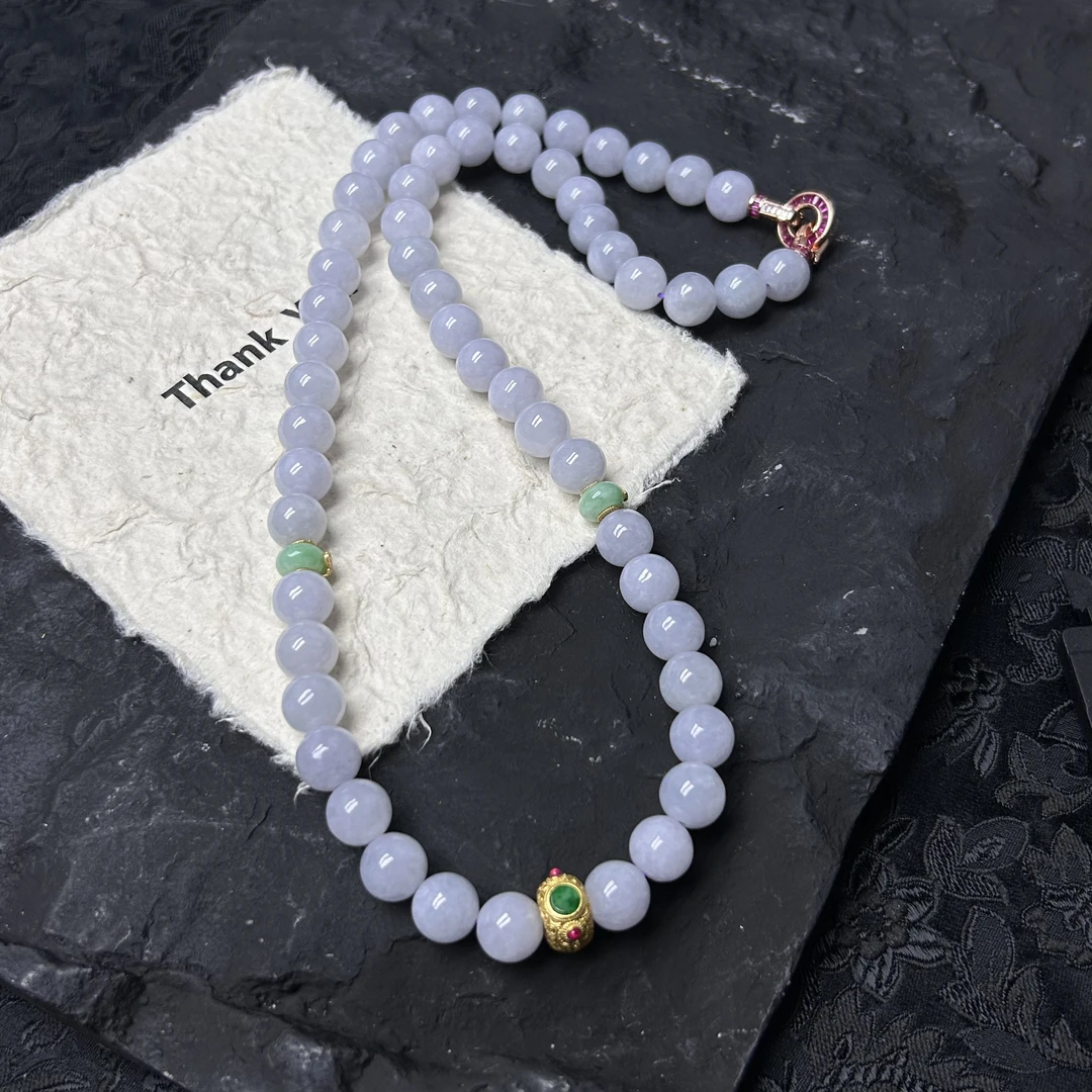 天然缅甸翡翠A货紫翡项链冰透9m