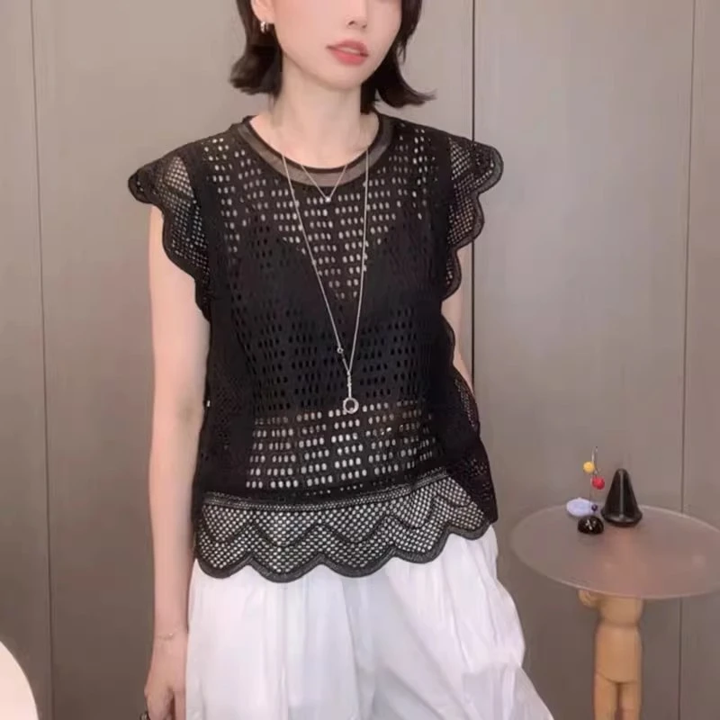 镂空无袖T恤女2025夏季新款韩版时尚飞飞袖洋气宽松百搭女装上衣