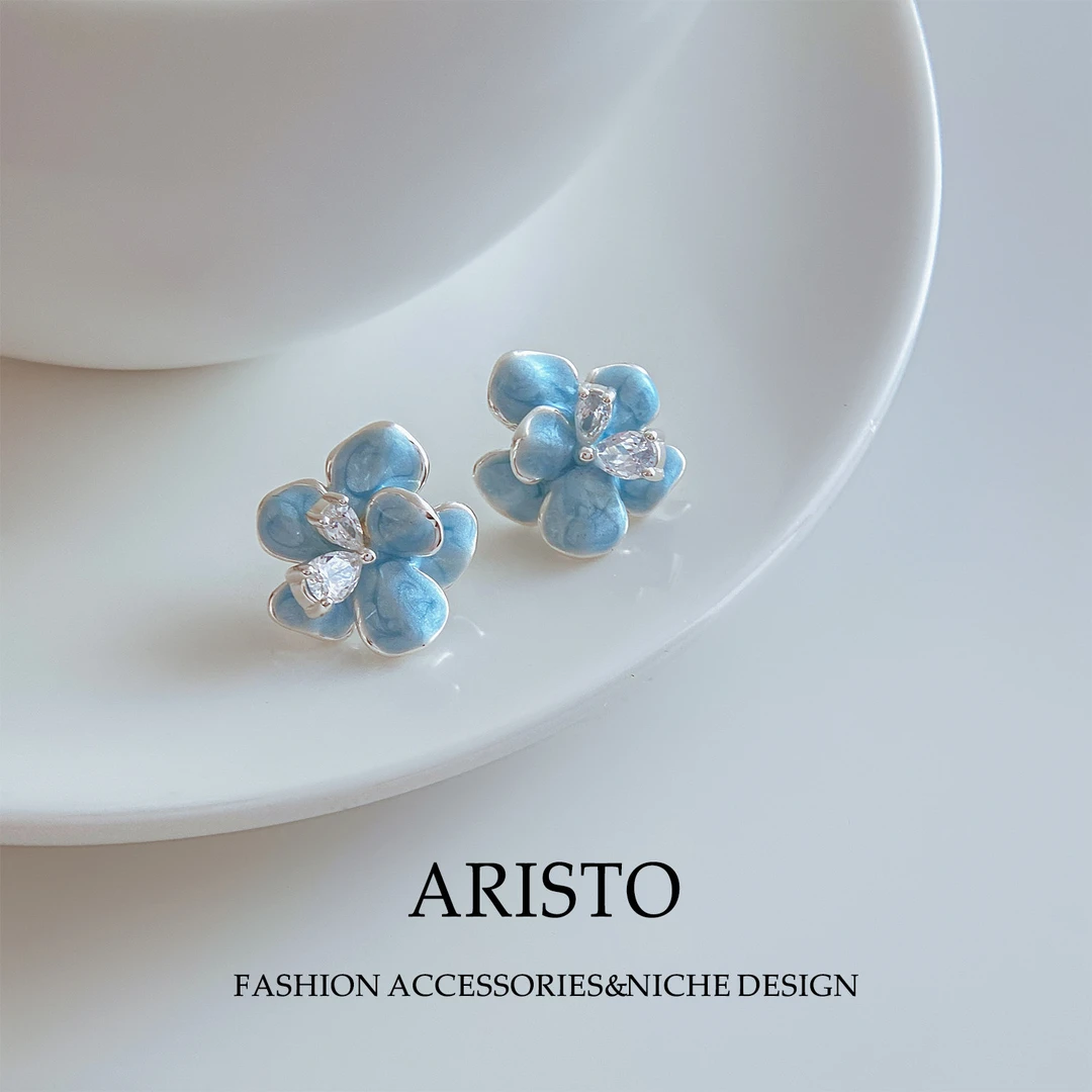 铜合金耳饰 蓝色滴油鸢尾花耳钉优雅气质温柔百搭显白耳饰