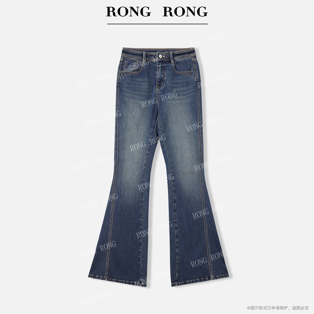 溶溶【超模牛仔】RONGRONG 中高腰高弹力洗水压线微喇牛仔裤2573RR