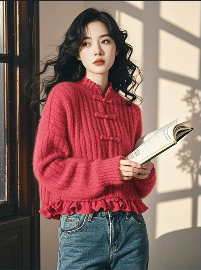 国风慵懒高级感超好看奶呼呼软糯设计感粉色新中式针织毛衣女秋冬