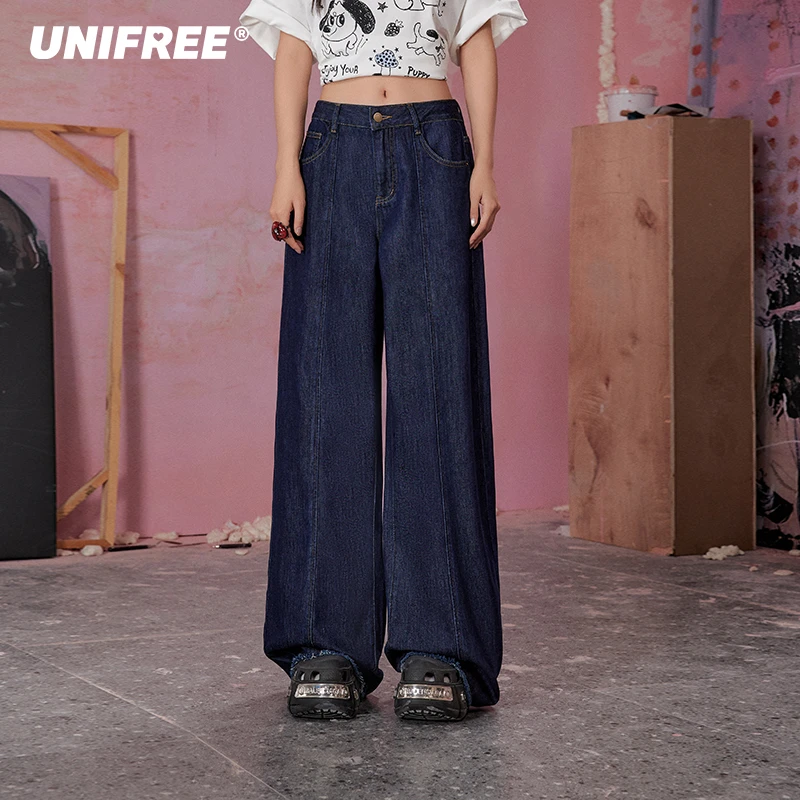 unifree【25年春】深蓝色复古牛仔裤女宽松直筒阔腿显瘦拖地长裤