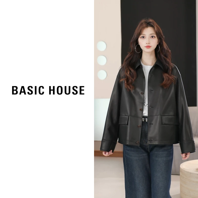 Basic House/百家好2025秋新款休闲皮衣外套B1295B5I592（衣长59）