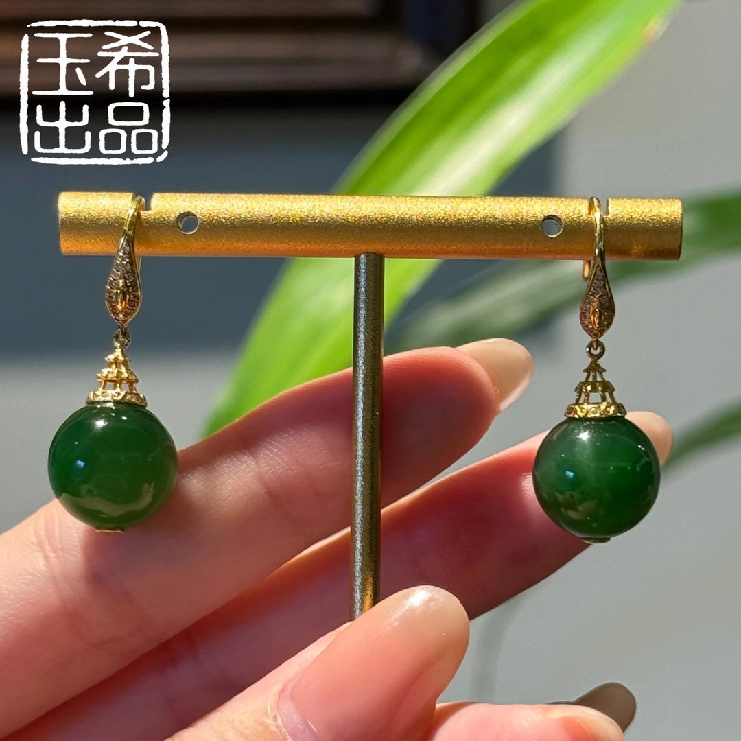 珍藏级 和田玉 俄料 辣阳菠菜绿 18K金 圆珠耳环 12mm Y802