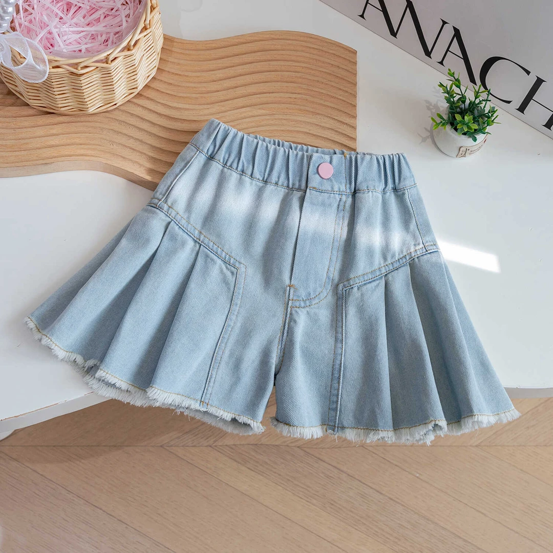 女童夏季牛仔裤裙洋气百搭百褶裙裤夏季蓝色牛仔短裤新款热裤薄款