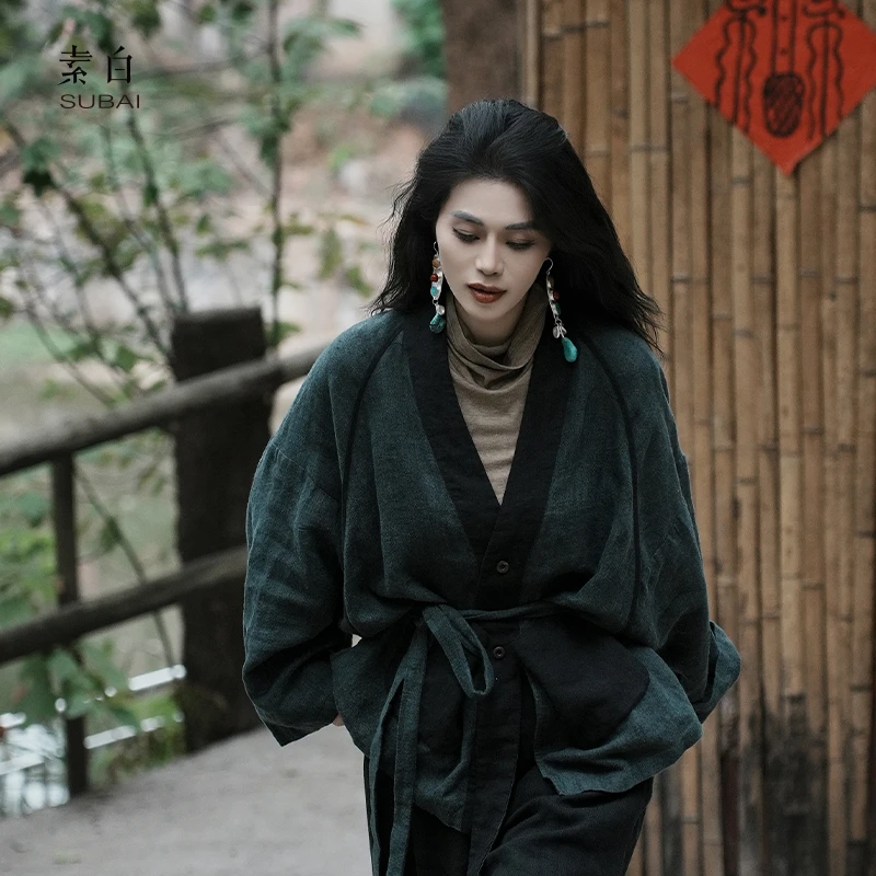 素白【禾沐】亚麻撞色外套SB3240793388复古感修身气质开衫上衣