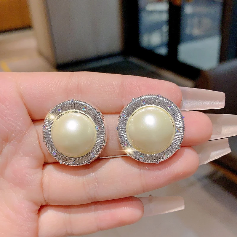 铜合金仿水晶耳饰 法式复古几何圆形珍珠水晶耳环网红气质耳饰女