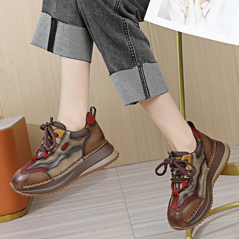 2025秋冬新款真皮软底圆头阿甘鞋撞色单鞋女德训鞋时尚厚底休闲鞋