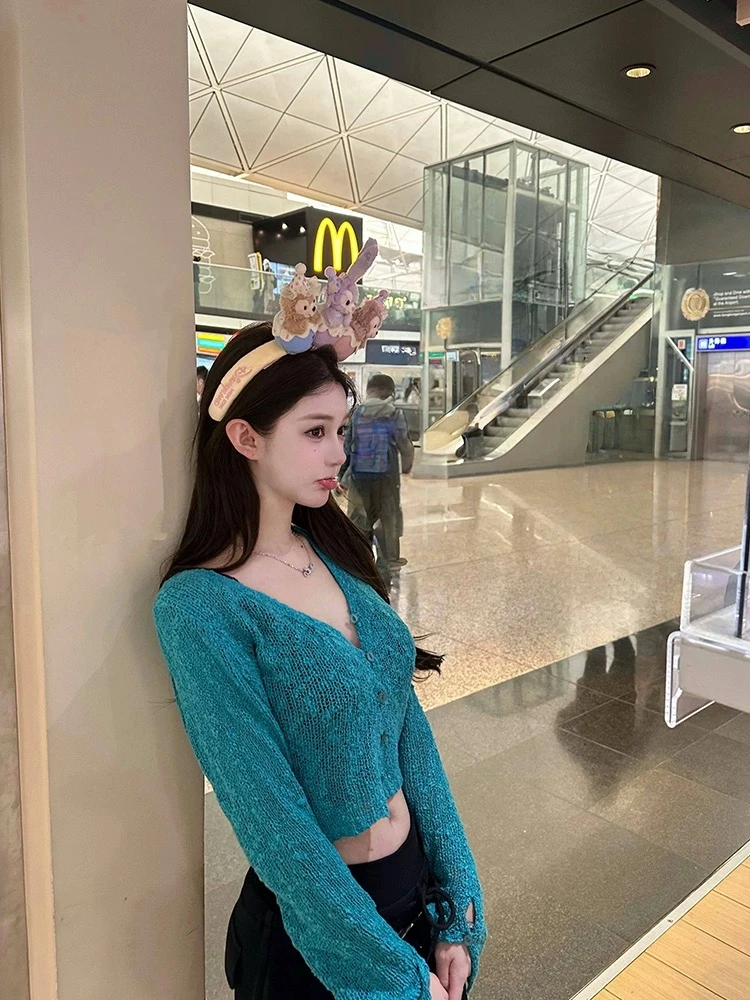 秋意序曲 绿色短款针织开衫女显白镂空肌理感长袖上衣