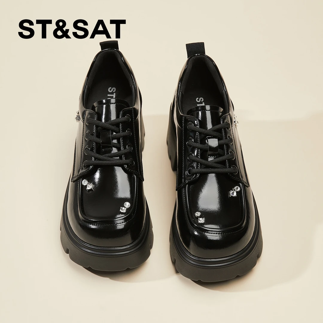 星期六女鞋真皮厚底系带小皮鞋女款夏季小个子增高粗跟百搭乐福鞋