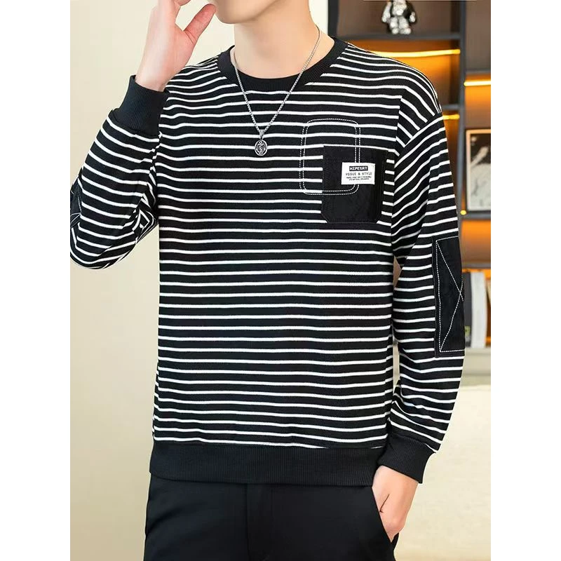 秋季男装6302男士长袖时尚爆宽松款百搭韩版条纹圆领男士长袖卫衣