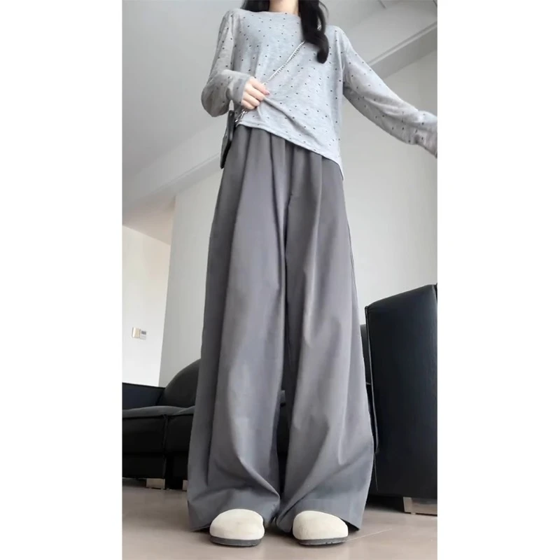 灰色长裤阔腿裤大码胖mm垂坠感夏季女裤子宽松bf慵懒风显瘦遛弯裤
