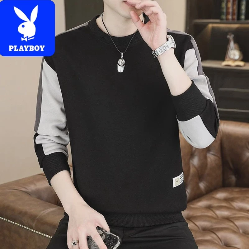 花花公子卫衣男款春秋季潮牌拼接撞色休闲圆领打底衫上衣宽松百搭