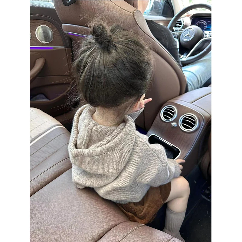 现货童装女童新年衣服春秋洋气儿童连帽针织衫女宝宝百搭毛衣