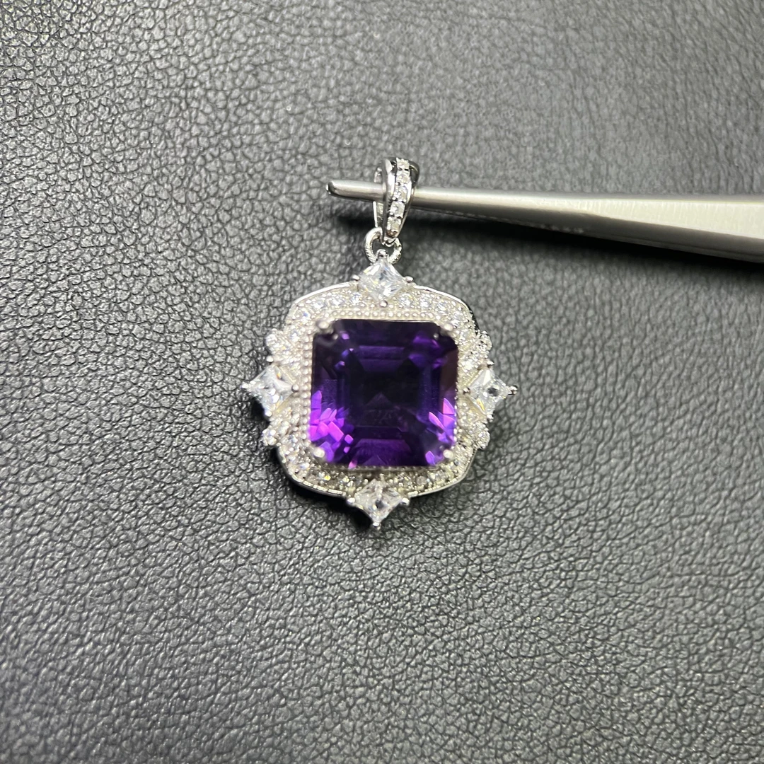 1361-S925银-天然紫水晶吊坠-戴妃款-10mm*10mm