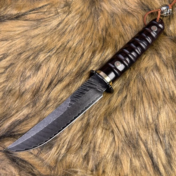 紫光檀水波鱼骨大马士革钢多功能户外手把肉刀