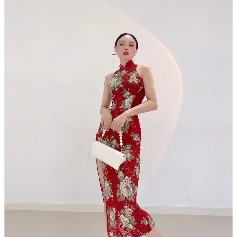 龙年限定中国红年会舞蹈表演旗袍多情种弹力蕾丝显瘦舞蹈性感旗袍