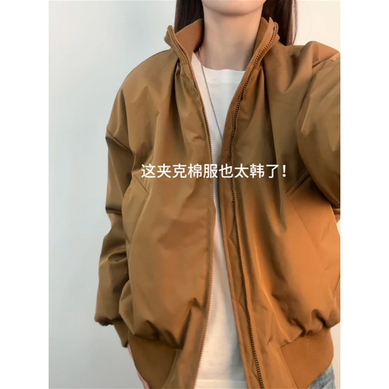 棕色短款立领飞行夹克棉服男款冬季加厚保暖棒球服bomber棉衣外套