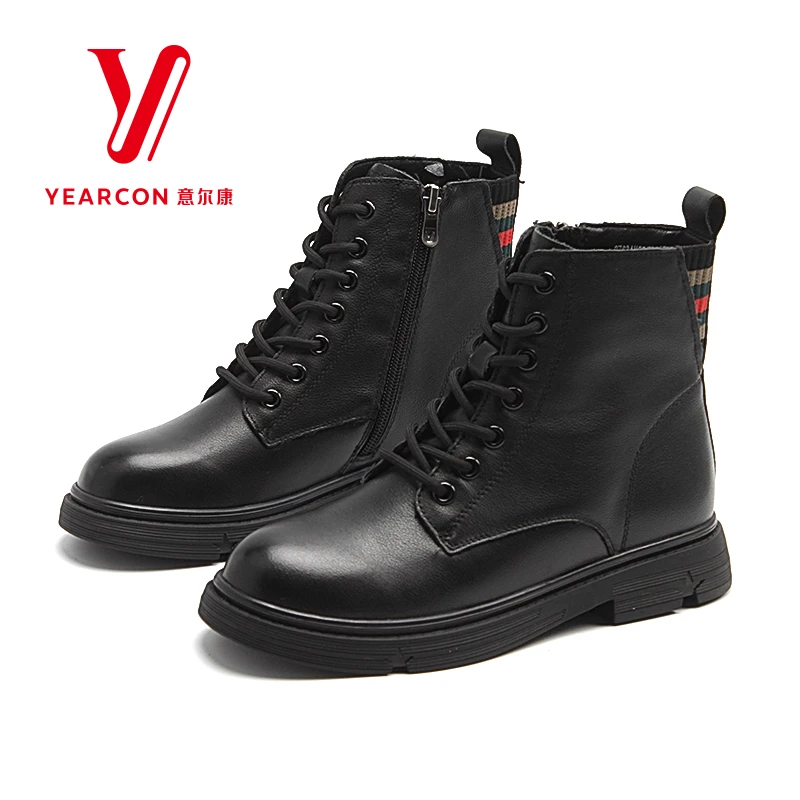 意尔康女靴牛皮马丁靴女户外休闲工装靴冬季加绒保暖棉靴052013