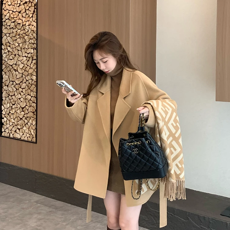 年中大促 金蘑菇菇  “伦敦假日”短款气质浴袍风 羊绒双面呢大衣