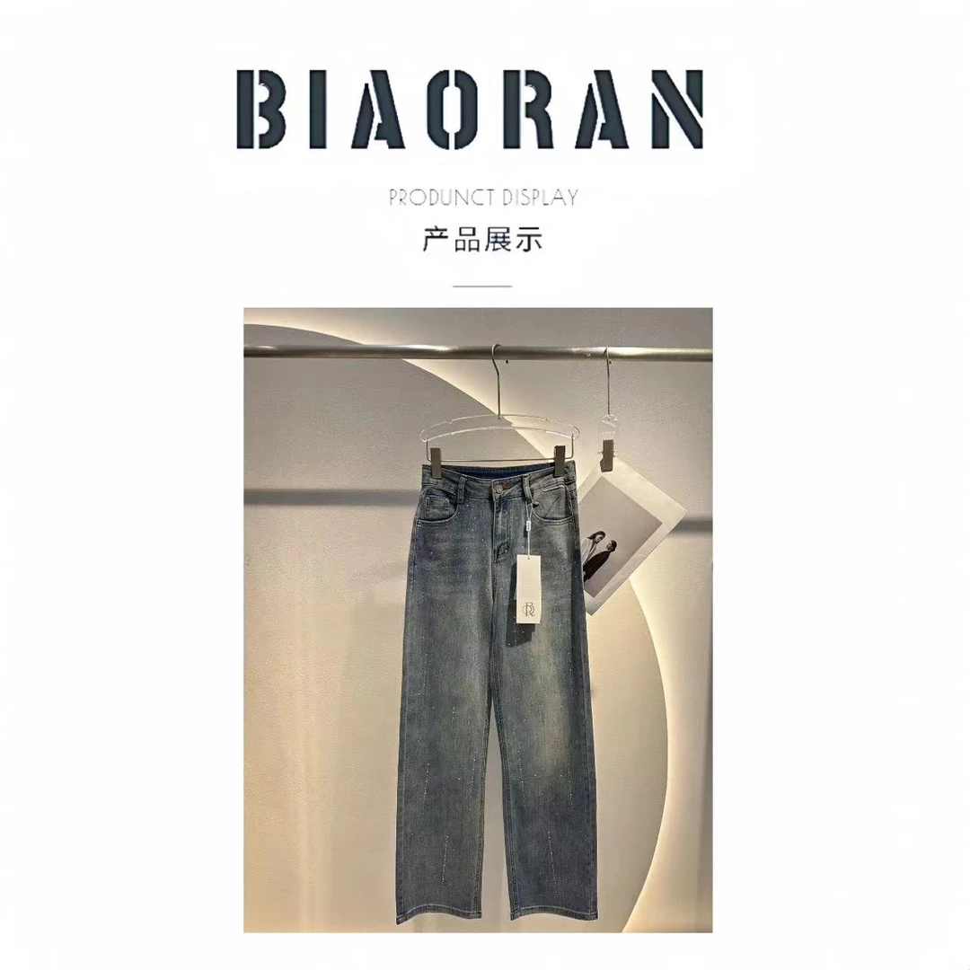 BIAORAN/标冉2025春季新款休闲百搭烫钻直筒牛仔裤9321