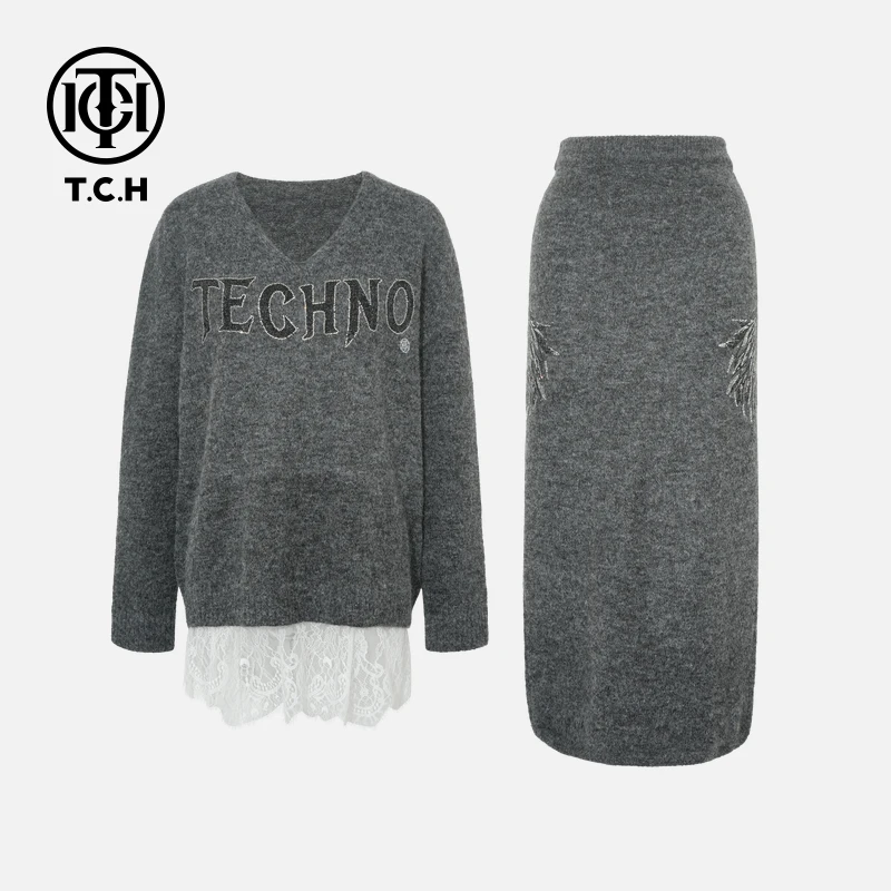 TCH私服秋冬氛围感烫钻时尚淑女灰色套装女T75D07E5008X轻奢tch