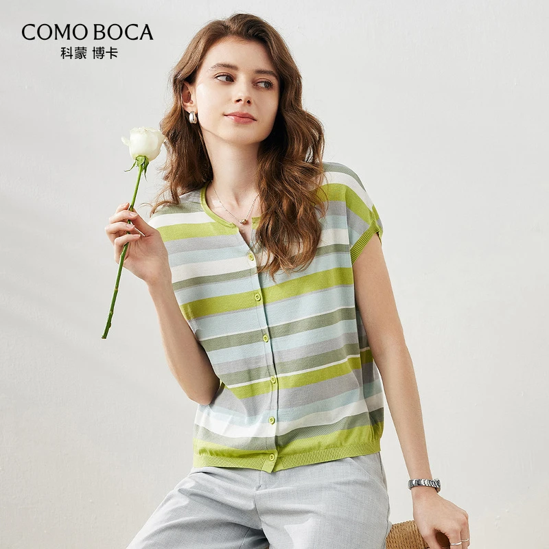 COMOBOCA/科蒙·博卡春夏圆领针织短袖外套优雅桑蚕丝开衫KST1006