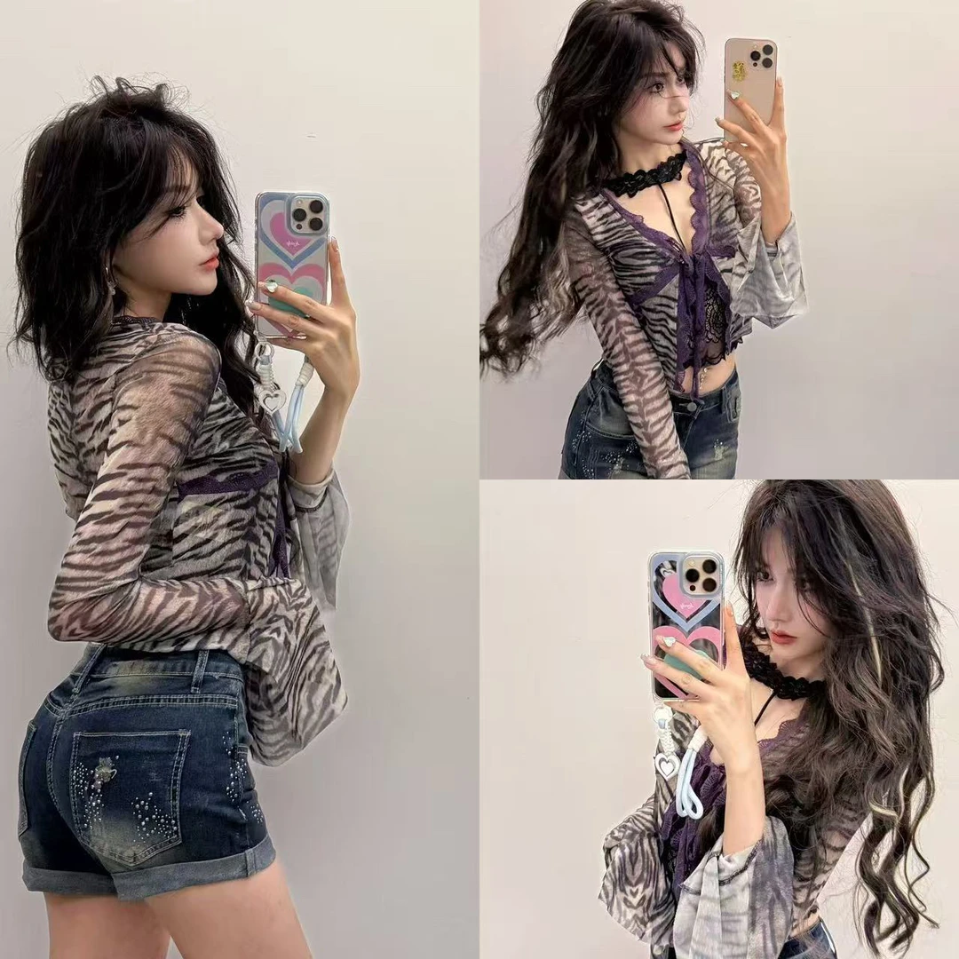 豹纹系带蕾丝花边开衫短款上衣