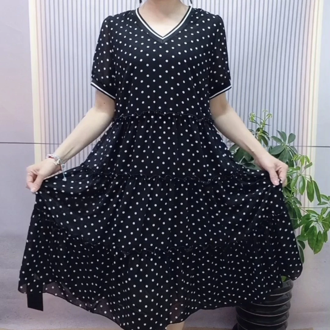 网红爆版夏季新款时尚波点V领收腰拼接减龄连衣裙