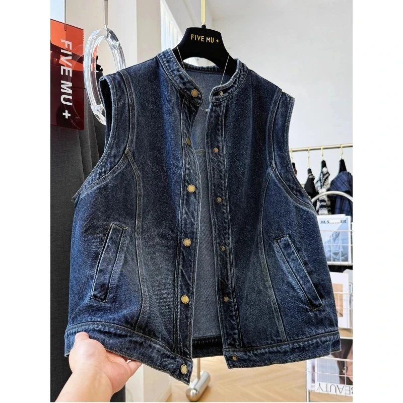 OUTCROP加大码设计感立领牛仔马甲男装春秋时髦叠穿坎肩背心外套