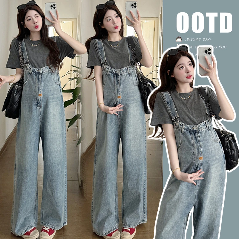 孕妇装简约百搭短袖T恤+复古设计感牛仔背带裤两件套孕妇装托腹裤