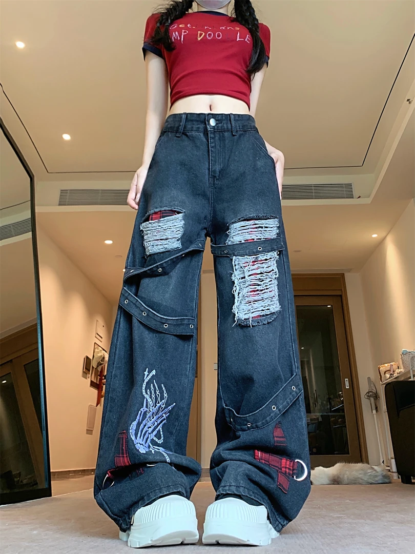 复古做旧破洞牛仔阔腿裤女2025年春秋新款美式高街辣妹宽松直筒裤