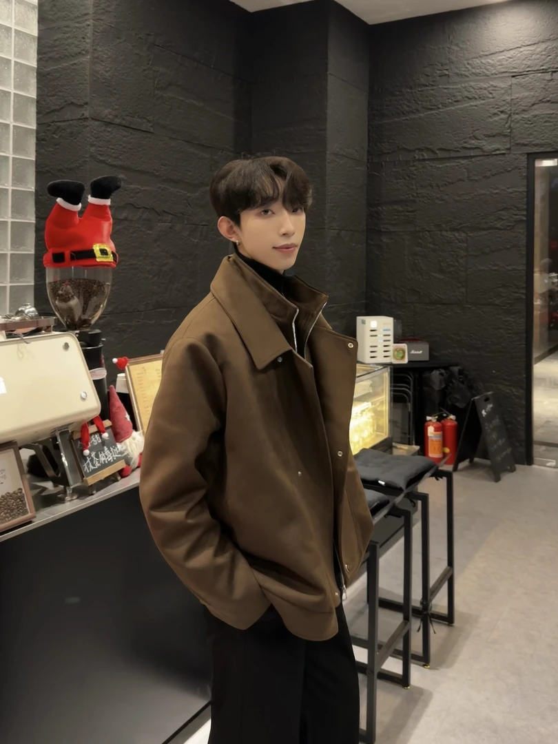 UN670轻奢解构双领假两件毛呢夹克男冬季高质感宽松加棉短款夹克