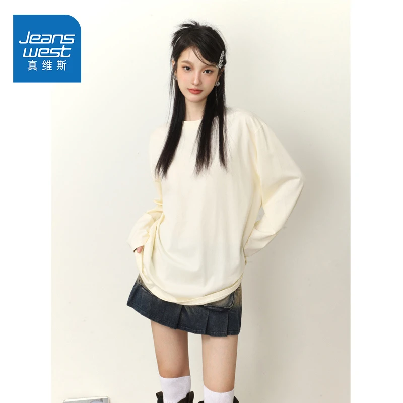 ZD真维斯杏色长袖上衣女2025新款春秋纯棉长袖t恤女慵懒透气内搭